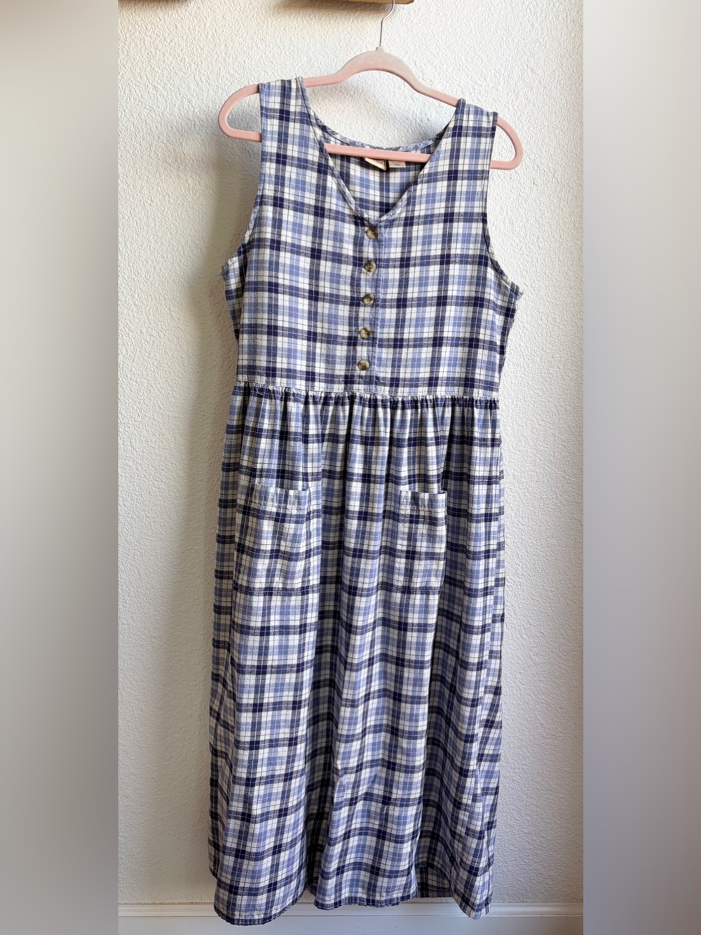 Vintage 90s Woolrich Blue Plaid Flannel Pinafore Jumper Dress Medium